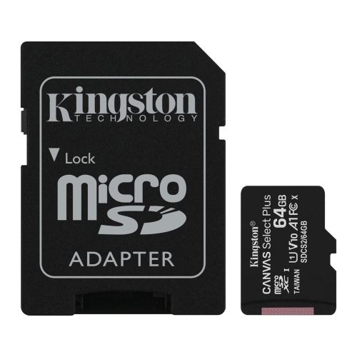 Kingston 64GB Canvas Select Plus MicroSDXC Card with SD Adapter, UHS-I Class 10,U1, A1 App Performance, 100MB/s