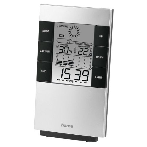 Hama (TH-200) LCD Thermo/Hygrometer - Bar Chart Thermometer, Hygrometer, Barometer, Weather Forecast, Date/Time, Alarm, Black/Silver