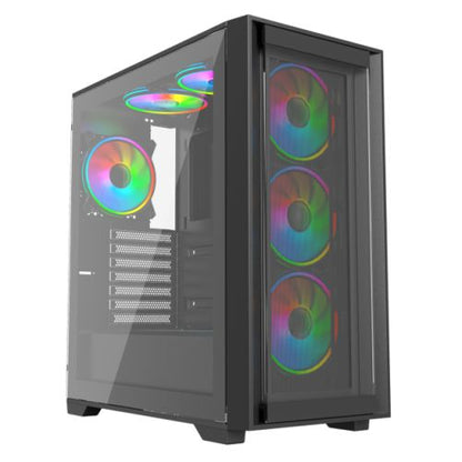 Vida Versa Black ARGB Gaming Case w/ Glass Side & Glass/Mesh Front, ATX, 6x ARGB PWM Fans, 6-Port Fan Hub & Remote Control *Glass & Mesh Front Panels included*