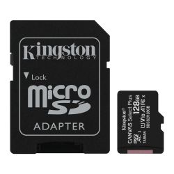Kingston 128GB Canvas Select Plus MicroSDXC Card with SD Adapter, UHS-I Class 10, U1, A1 App Performance, 100MB/s