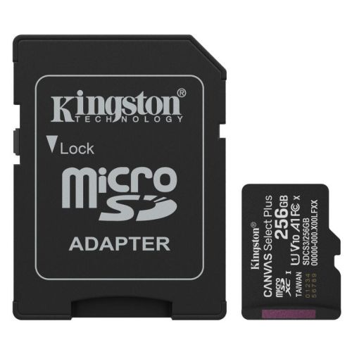 Kingston 256GB Canvas Select Plus Gen3 MicroSDXC Card with SD Adapter, UHS-I Class 10, U1, V10, A1 App Performance, 150MB/s