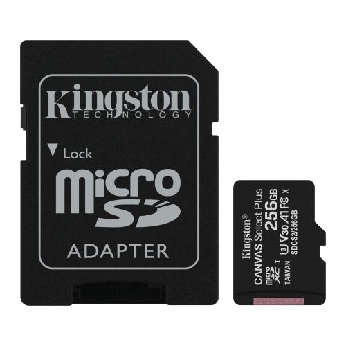 Kingston 256GB Canvas Select Plus MicroSDXC Card with SD Adapter, UHS-I Class 10, U3, A1 App Performance, 100MB/s